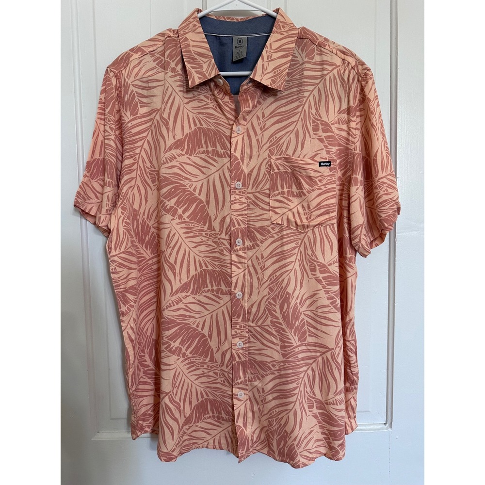 Hurley Mens Salmon Pink Tropical Palm Leaf Rayon Short Sleeve Button Down Shirt